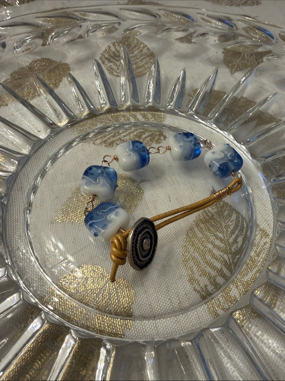Hand Crafted Blue and White Glass Bead Bracelet with Gold Cord and Button Clasp